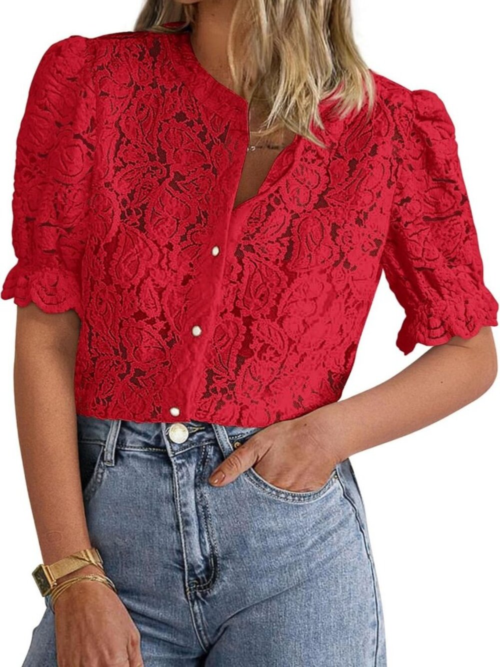 Lace Button Down Short Sleeve Women's Top - Stylish Casual Blouse for Everyday